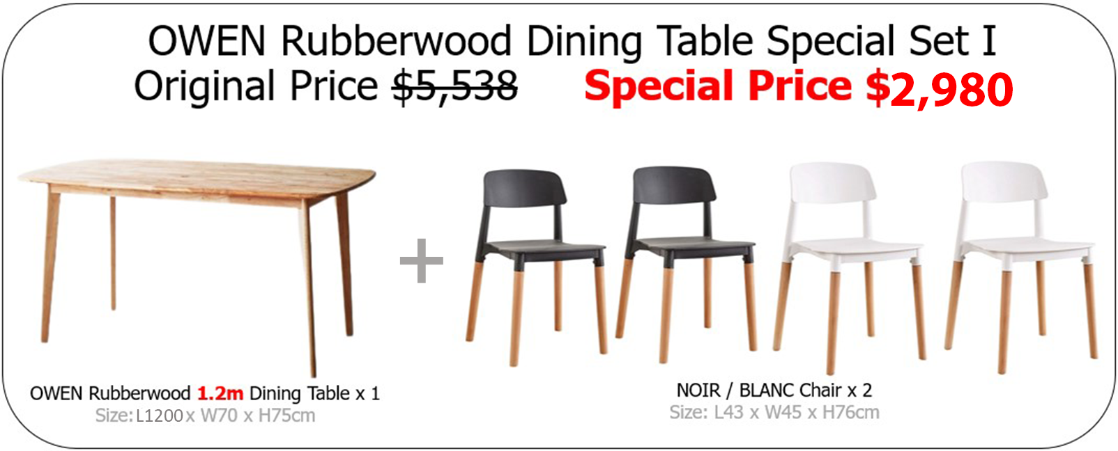 OWEN 1.2/1.5m Rubberwood Dining Table Special Set I