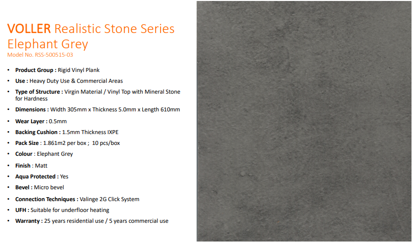 VOLLER科能鑽石防水地板 - 標準石紋系列 (大象灰) [$23.66/平方尺; 20.03平方尺/盒]