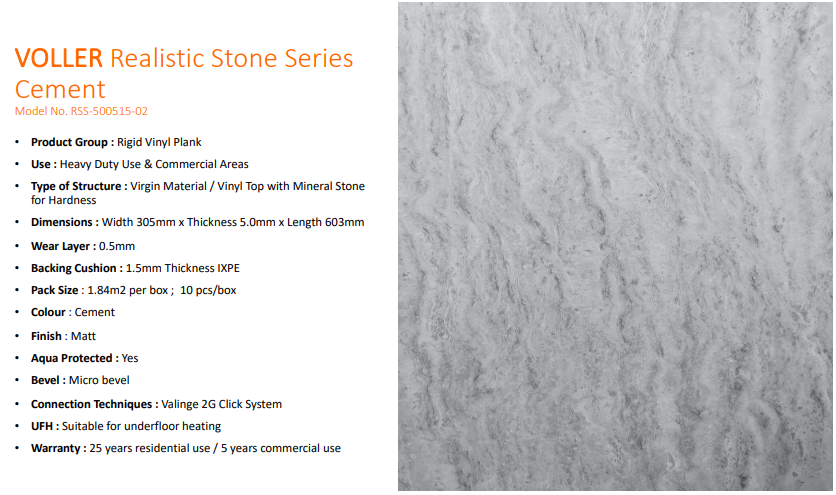 VOLLER科能鑽石防水地板 - 標準石紋系列 (水泥) [$23.67/平方尺; 19.81平方尺/盒]
