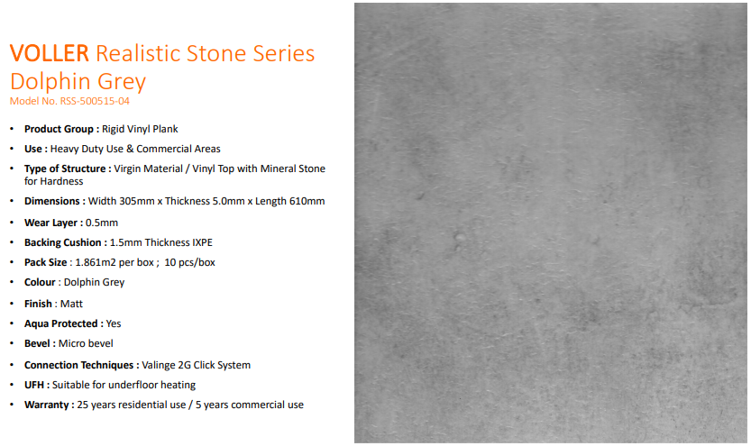 VOLLER科能鑽石防水地板 - 標準石紋系列 (海豚灰) [$23.66/平方尺; 20.03平方尺/盒]